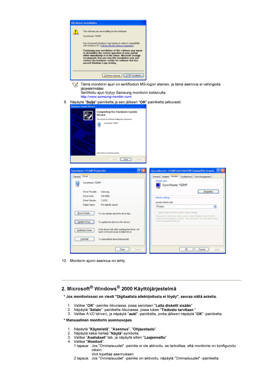 Samsung GY17HSSSC/EDC manual Microsoft Windows 2000 Käyttöjärjestelmä 