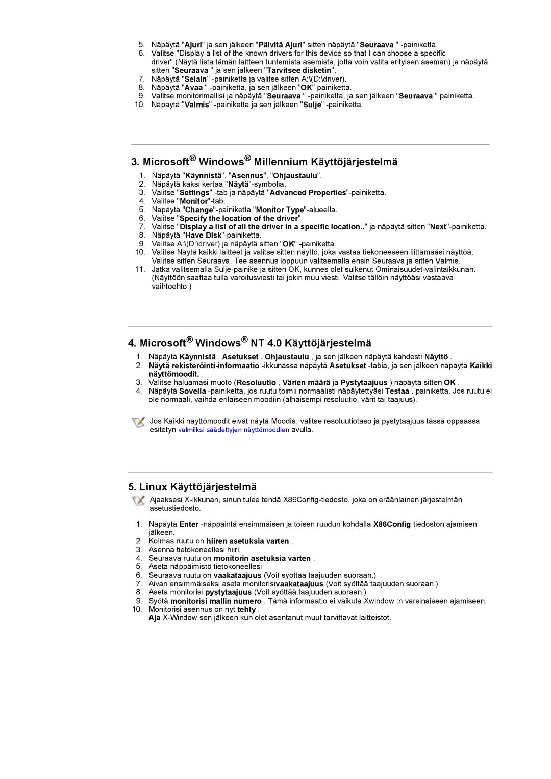 Samsung GY17HSSSC/EDC manual Kolmas ruutu on hiiren asetuksia varten, Seuraava ruutu on monitorin asetuksia varten 