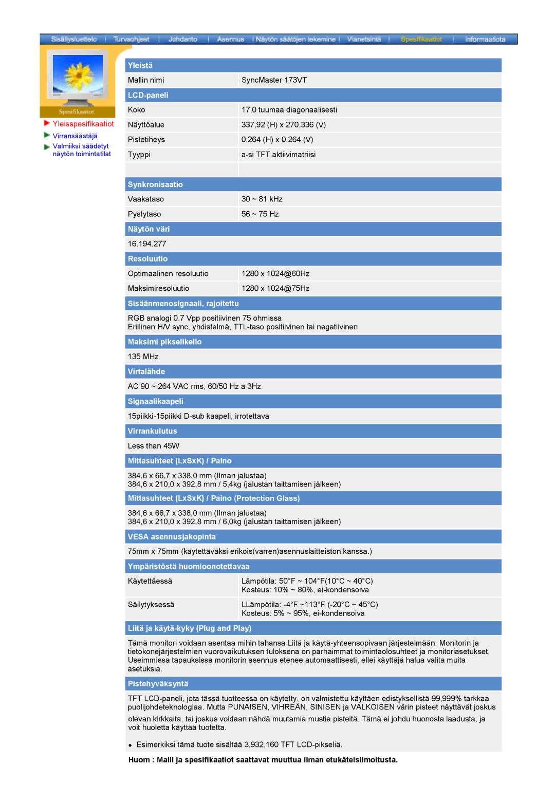 Samsung GY17HSSSC/EDC manual LCD-paneli, Yleisspesifikaatiot 