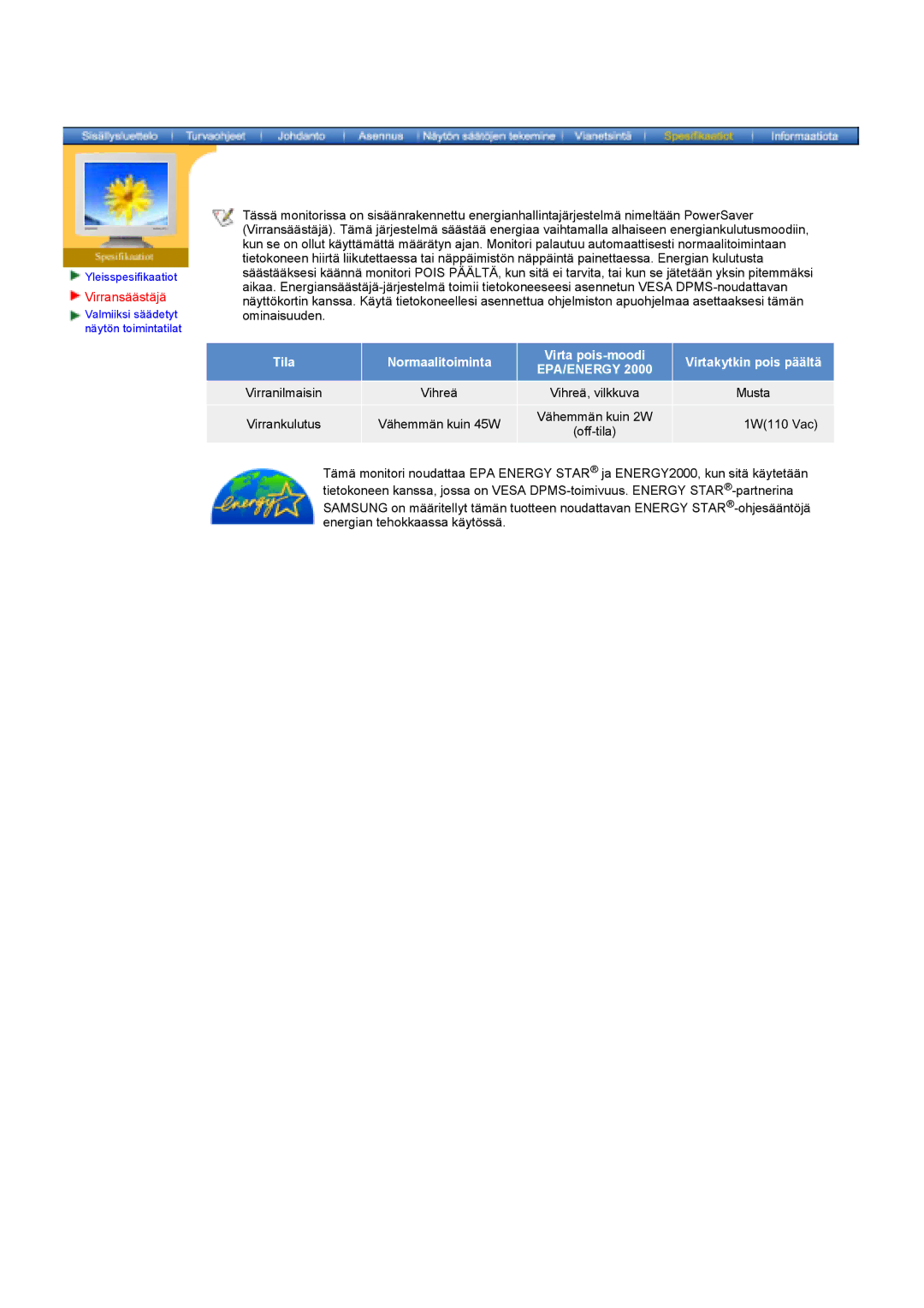 Samsung GY17HSSSC/EDC manual Virransäästäjä, Epa/Energy 