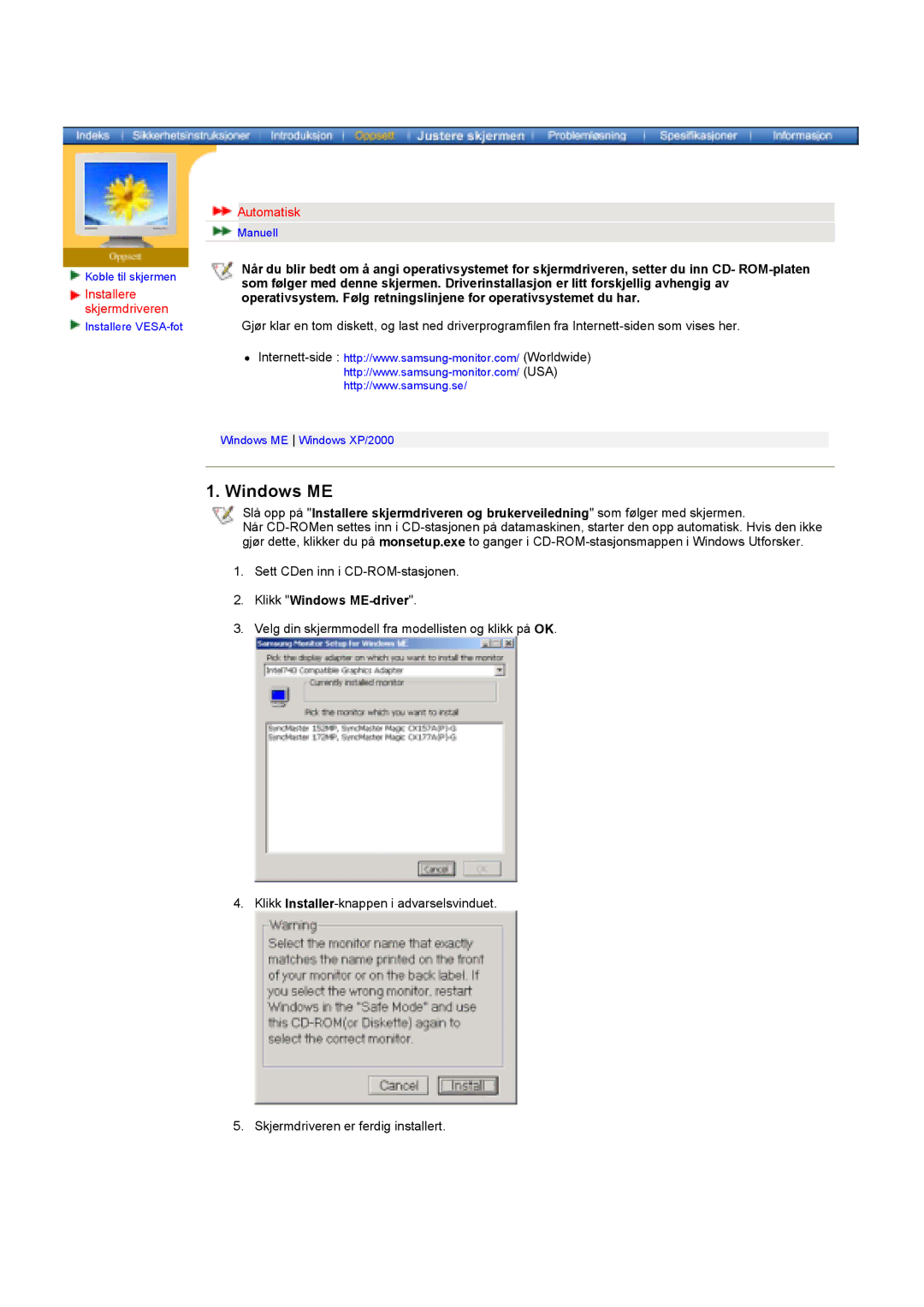 Samsung GY17HSSSC/EDC manual Installere skjermdriveren, Automatisk, Klikk Windows ME-driver 