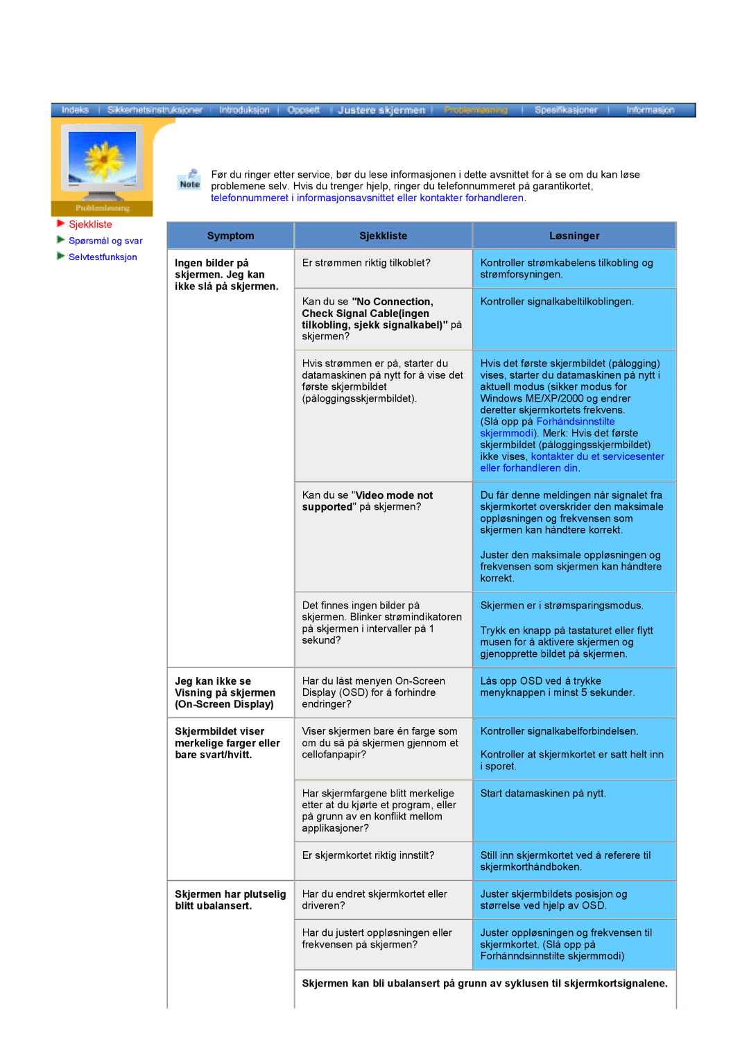 Samsung GY17HSSSC/EDC manual Sjekkliste, Symptom, Løsninger, Kan du se Video mode not supported på skjermen? 