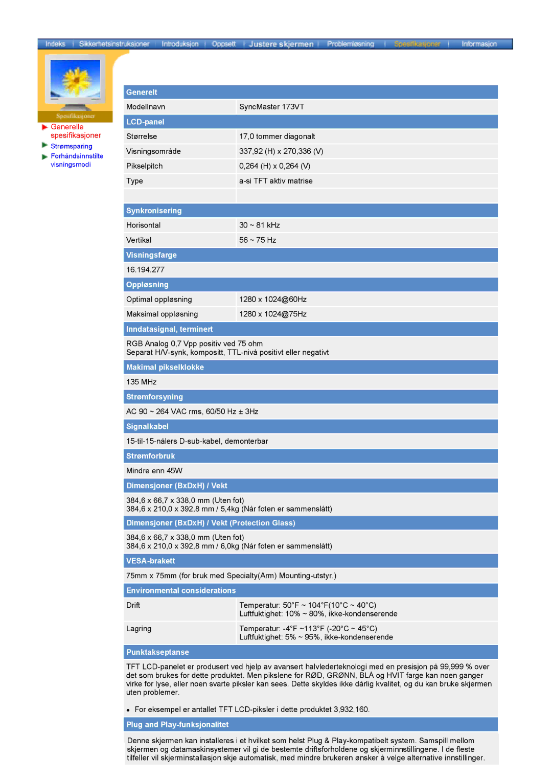 Samsung GY17HSSSC/EDC manual Generelle spesifikasjoner, LCD-panel 