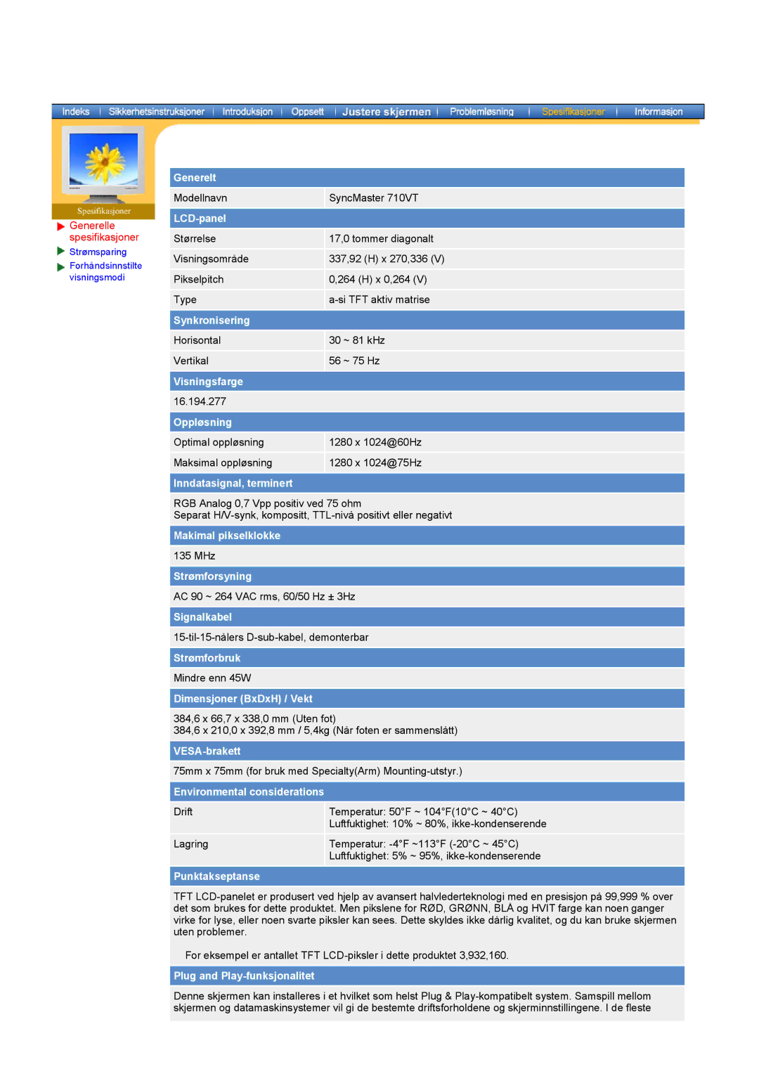 Samsung GY17HSSSC/EDC manual Modellnavn SyncMaster 710VT 