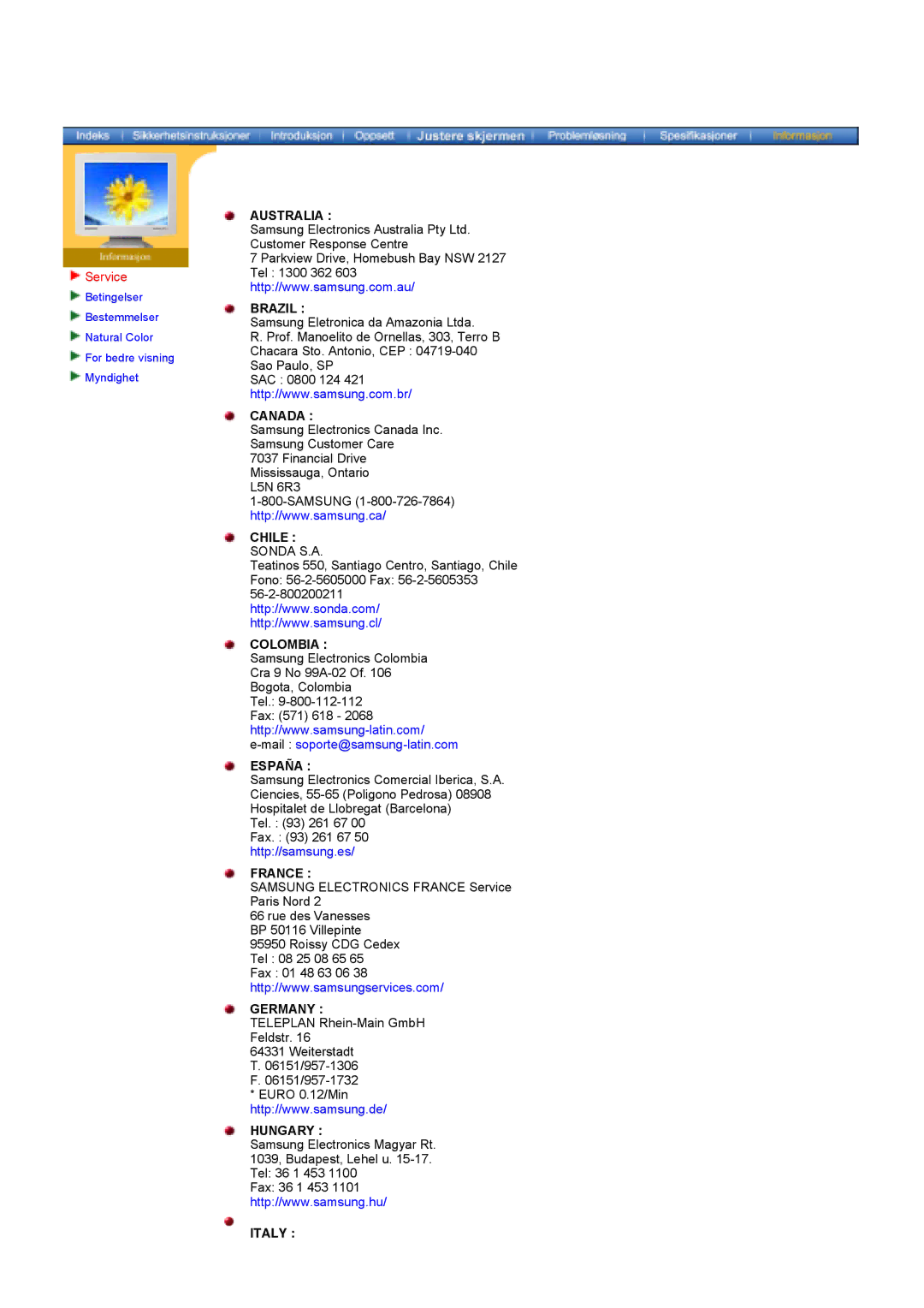 Samsung GY17HSSSC/EDC manual Service, Australia Brazil 