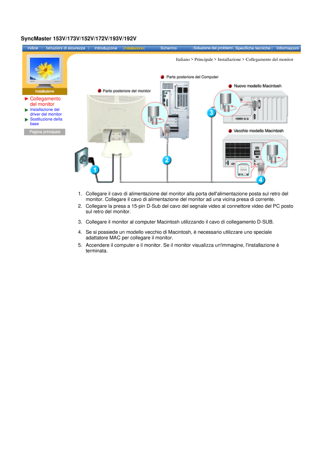 Samsung GY17VSSN/EDC, GY17MSHS/EDC, GY17LSHS/EDC manual SyncMaster 153V/173V/152V/172V/193V/192V, Collegamento del monitor 