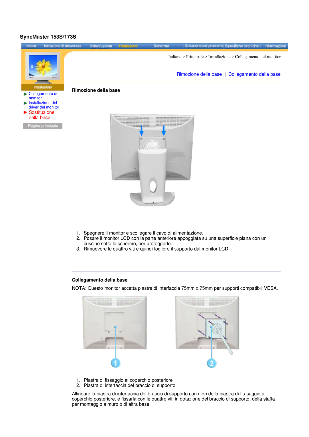 Samsung GY15MSHS/EDC, GY17MSHS/EDC, GY17LSHS/EDC Sostituzione della base, Rimozione della base, Collegamento della base 