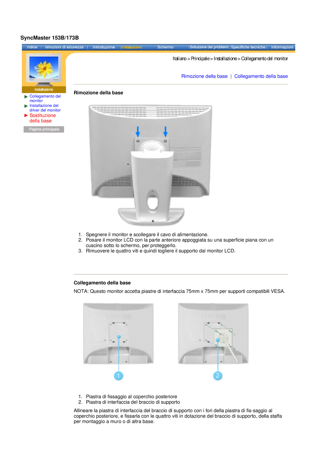 Samsung GY17CSSS/EDC, GY17MSHS/EDC, GY17LSHS/EDC, GY15VSSS/EDC Italiano Principale Installazione Collegamento del monitor 