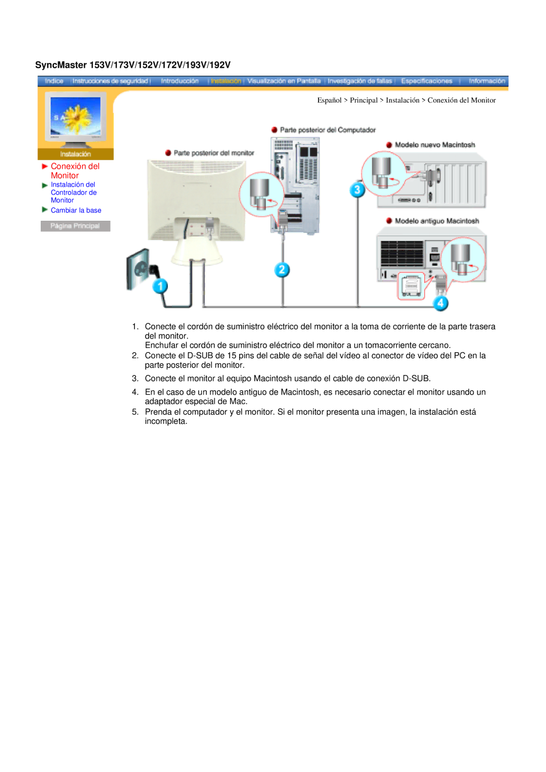 Samsung GY17VSSS/EDC, GY17MSHS/EDC, GY17LSHS/EDC, GY17MSGS SyncMaster 153V/173V/152V/172V/193V/192V, Conexión del Monitor 