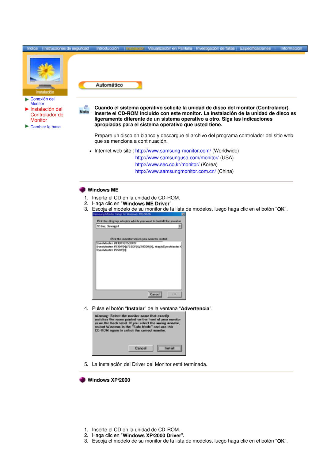 Samsung GY17CSSS/EDC, GY17MSGS Instalación del Controlador de Monitor, Haga clic en Windows ME Driver, Windows XP/2000 