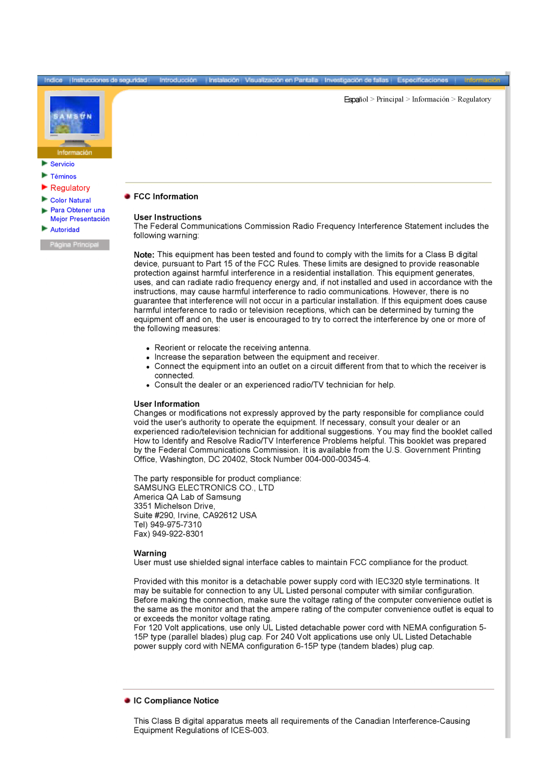 Samsung GY17VSSS/EDC, GY17MSHS/EDC Regulatory, FCC Information User Instructions, User Information, IC Compliance Notice 