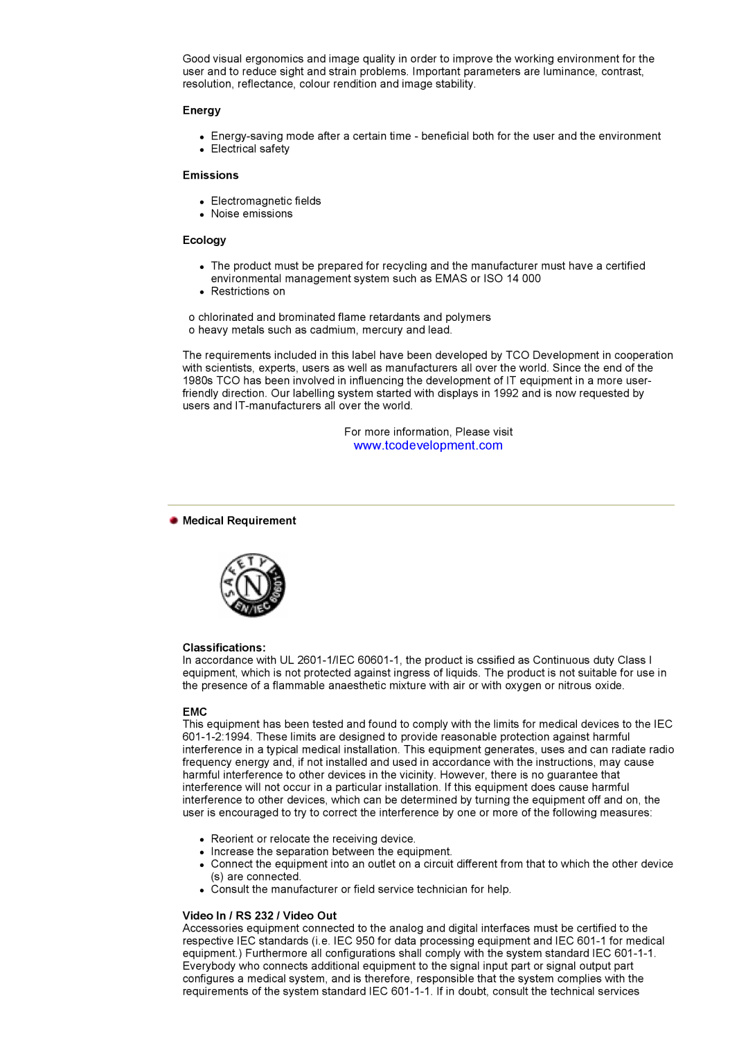 Samsung GY17VSSN/EDC manual Energy, Emissions, Ecology, Medical Requirement Classifications, Video In / RS 232 / Video Out 