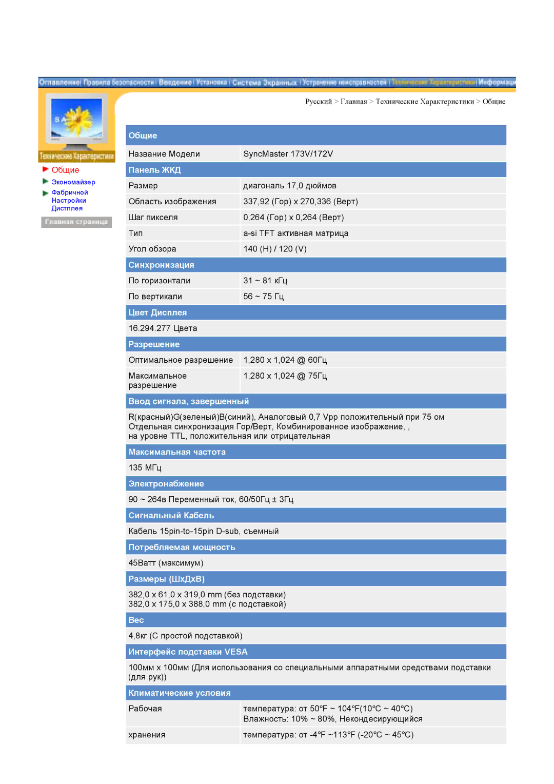 Samsung GY17VSSS/XSA, GY17MSHS/EDC, GY17LSHS/EDC, GY15VSSS/EDC, GY15CSSS/EDC manual Название Модели SyncMaster 173V/172V 