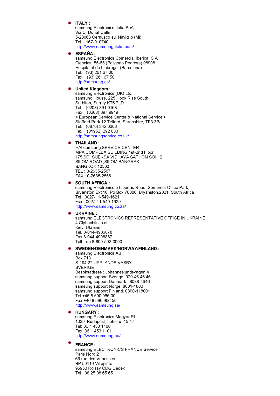 Samsung GY15VSSS/EDC, GY17MSHS/EDC, GY17LSHS/EDC manual United Kingdom, SWEDEN/DENMARK/NORWAY/FINLAND samsung Electronics AB 