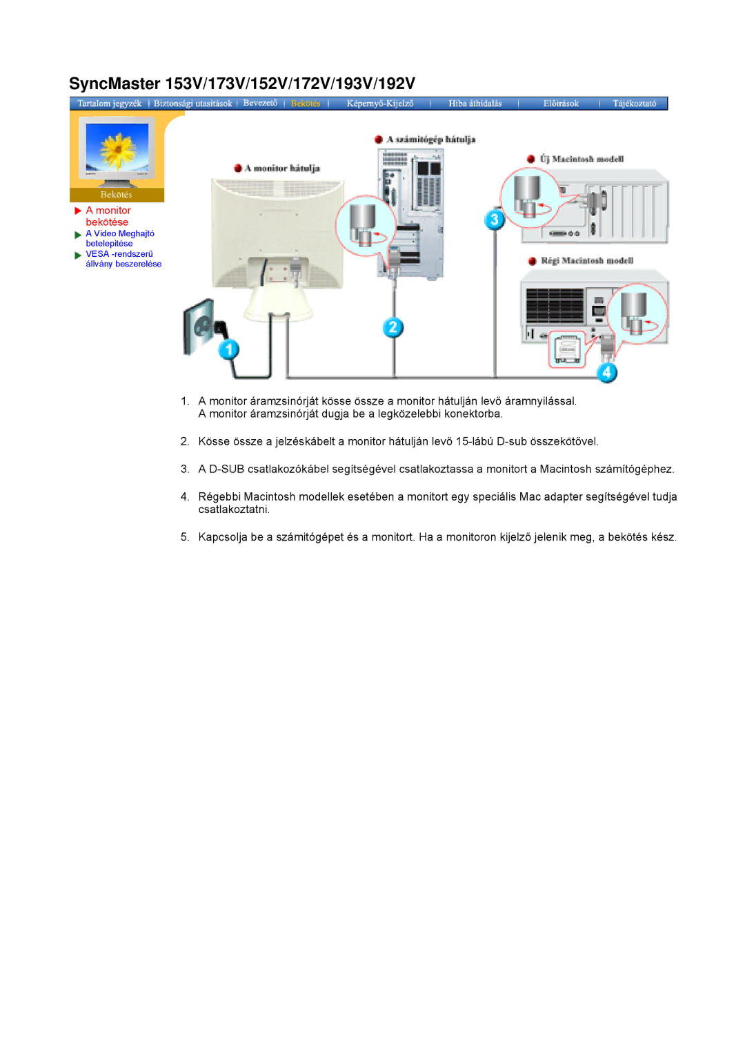 Samsung GY15VSSN/EDC, GY17MSHS/EDC, GY17LSHS/EDC, GY15VSSS/EDC, GY15CSSS/EDC, GY17VSSS/EDC, GY15MSHS/EDC manual Monitor bekötése 