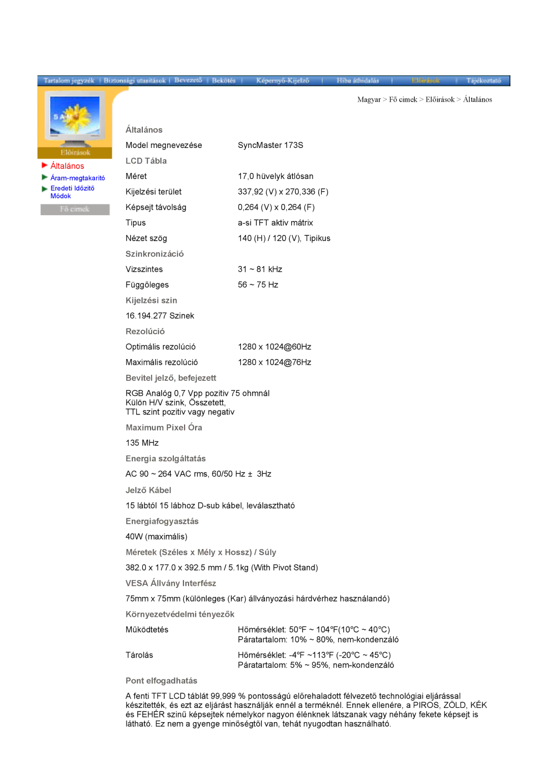 Samsung GY15CSSS/EDC, GY17MSHS/EDC, GY17LSHS/EDC, GY15VSSS/EDC, GY17VSSS/EDC, GY15VSSN/EDC Model megnevezése SyncMaster 173S 