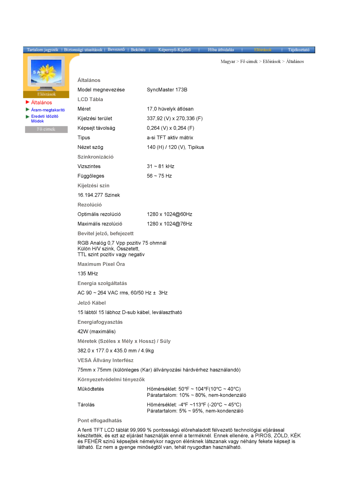 Samsung GY17CSSS/EDC, GY17MSHS/EDC, GY17LSHS/EDC, GY15VSSS/EDC, GY15CSSS/EDC, GY17VSSS/EDC Model megnevezése SyncMaster 173B 