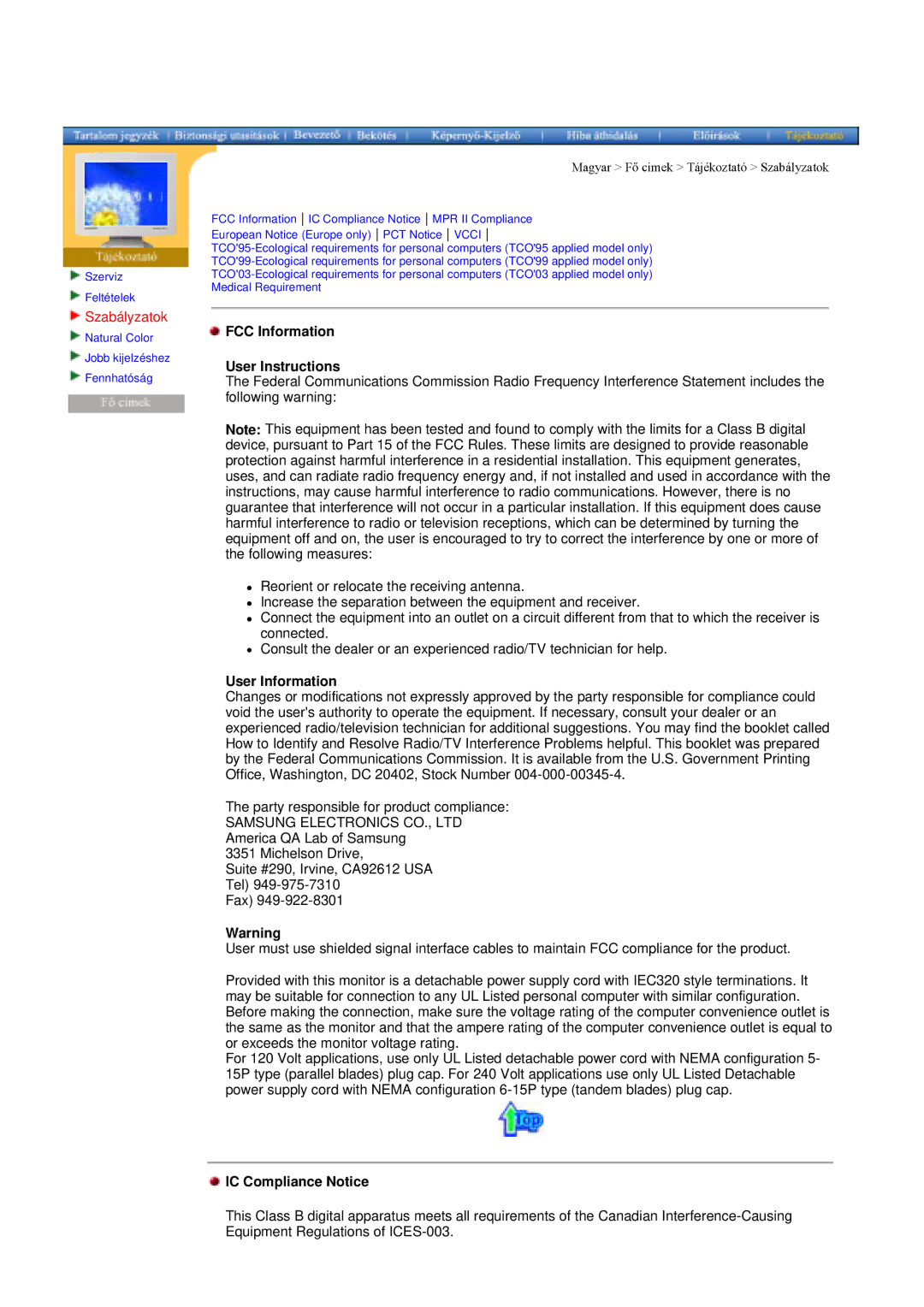 Samsung GY15MSHS/EDC, GY17MSHS/EDC, GY17LSHS/EDC FCC Information User Instructions, User Information, IC Compliance Notice 