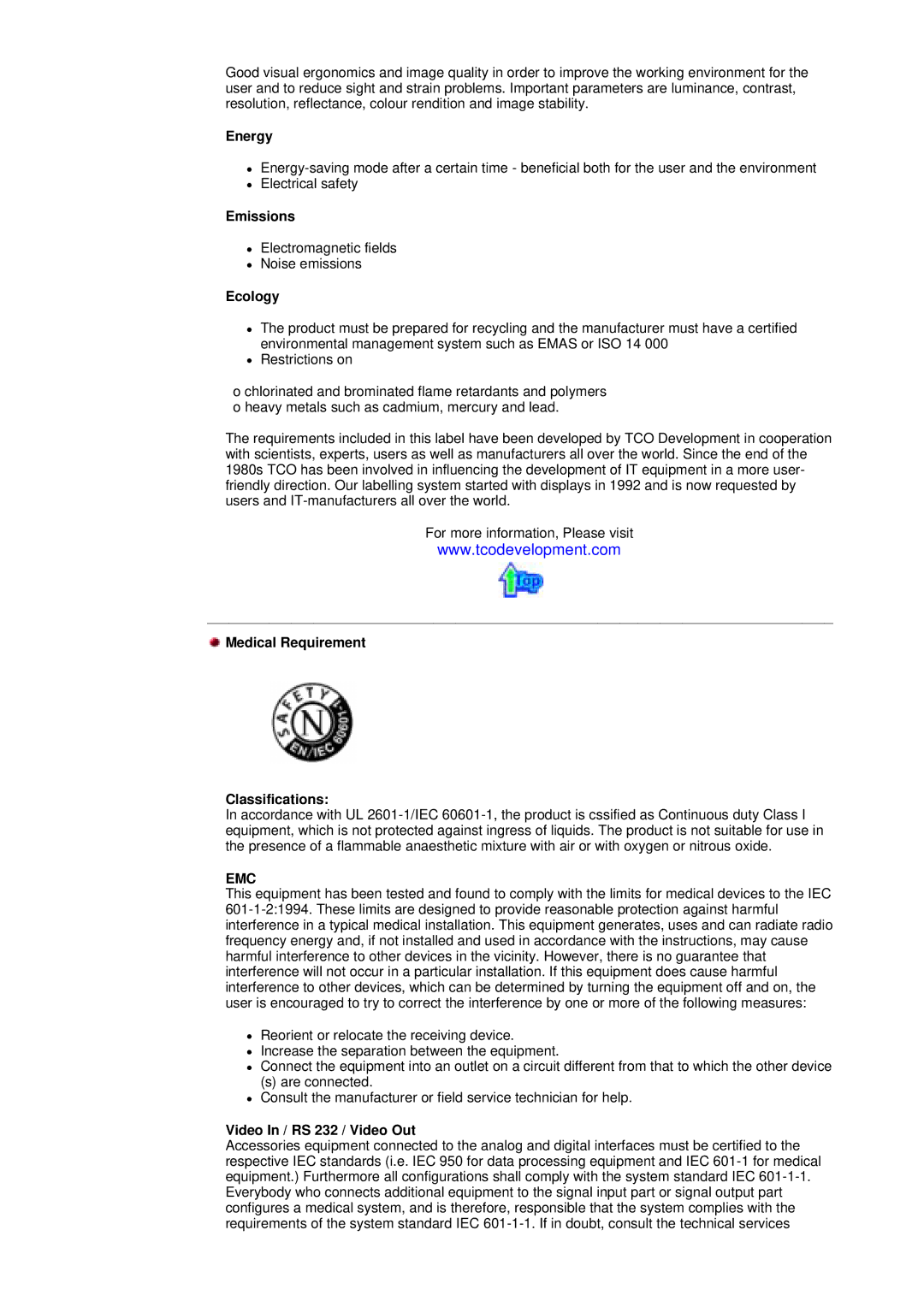 Samsung GY17MSHB, GY17MSGS Energy, Emissions, Ecology, Medical Requirement Classifications, Video In / RS 232 / Video Out 