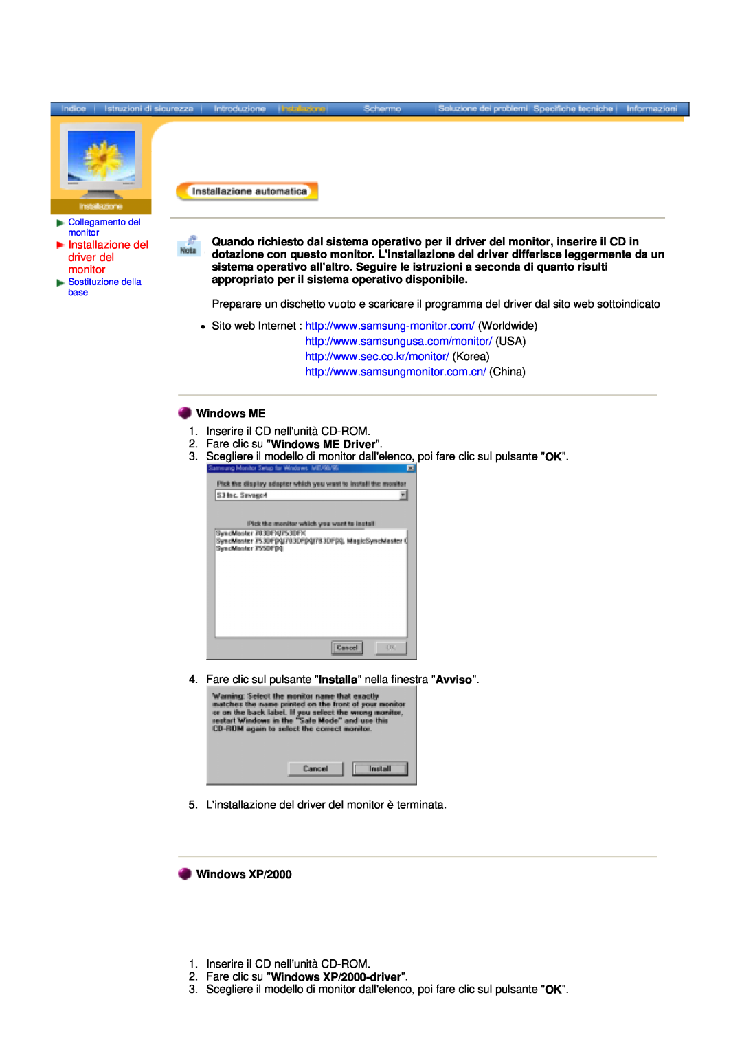 Samsung GY17CSSN/EDC manual Installazione del driver del monitor, Fare clic su Windows ME Driver, Windows XP/2000 