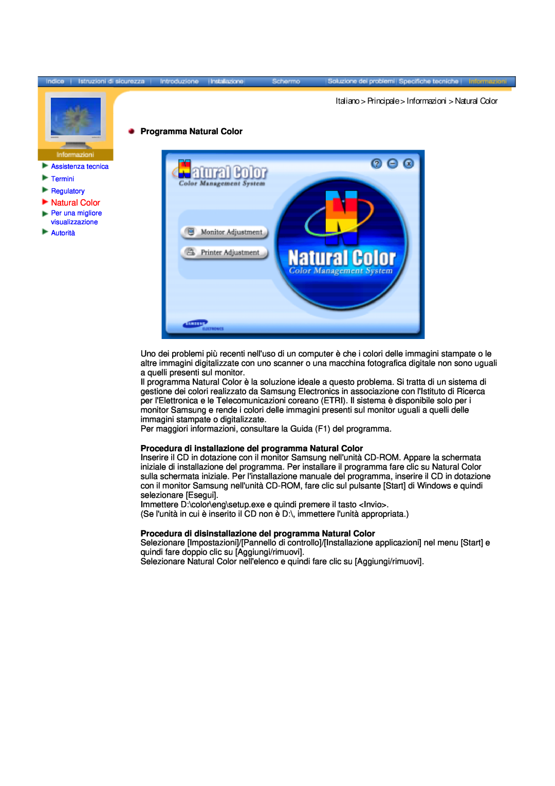 Samsung GY15MSHS/EDC, GY17MSHS/EDC manual Programma Natural Color, Procedura di installazione del programma Natural Color 