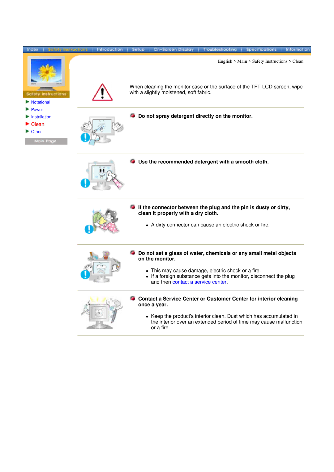 Samsung GY15VSSS/EDC, GY17VSSN/XSJ, GY19VSSN/XSJ, MO15ESDMZ/XSJ, GY17MSGS/XSJ Do not spray detergent directly on the monitor 