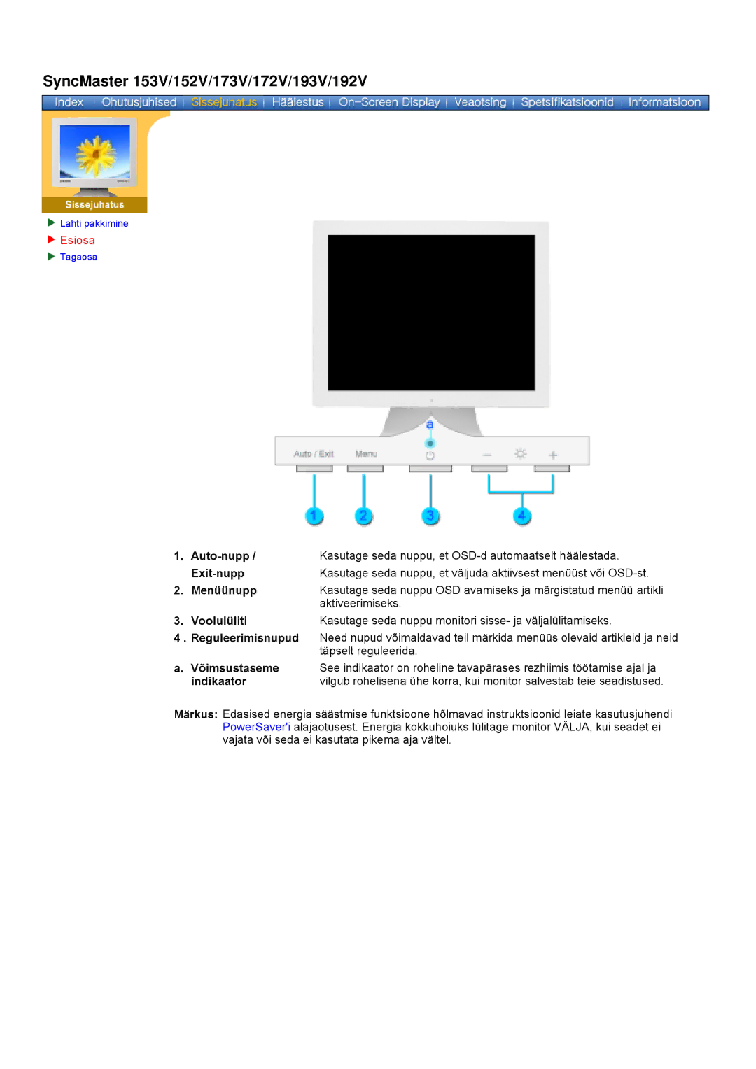 Samsung GY17VSSS/EDC manual Auto-nupp, Exit-nupp, Menüünupp, Voolulüliti, Reguleerimisnupud, Võimsustaseme, Indikaator 