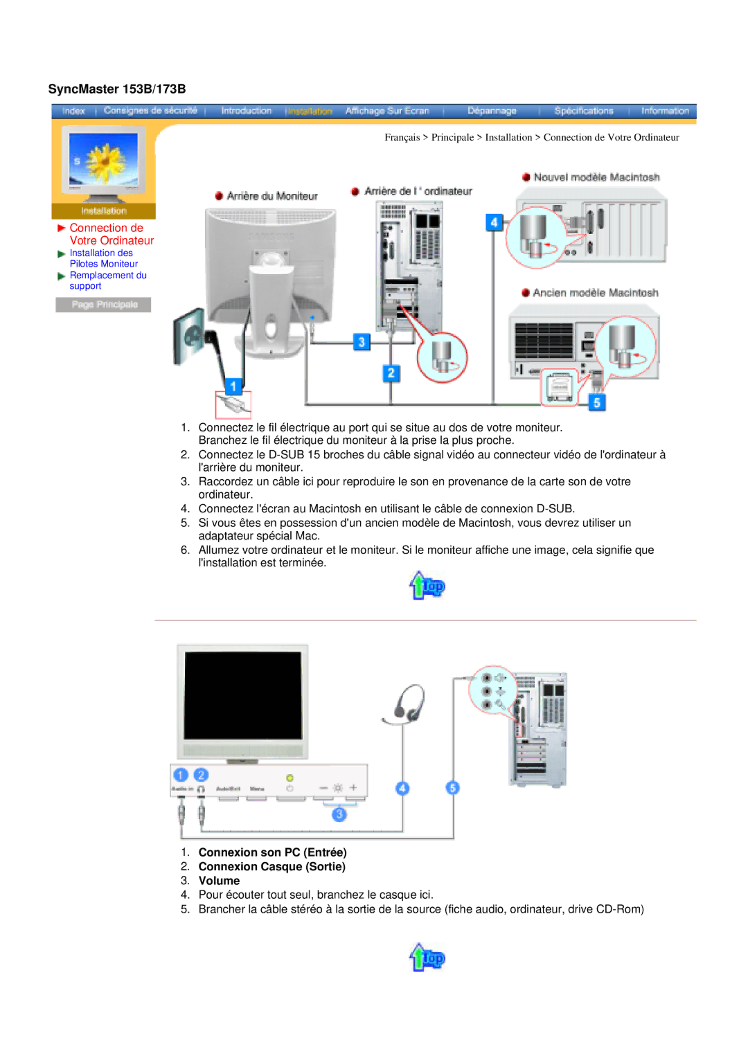 Samsung GY17VSSS/EDC manual Connexion son PC Entrée Connexion Casque Sortie Volume 