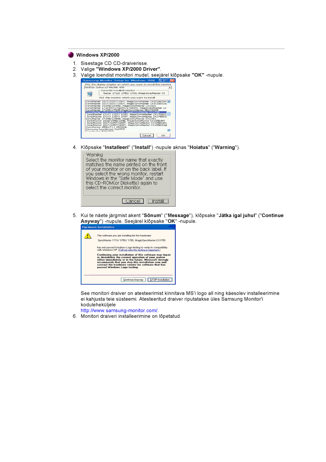 Samsung GY17VSSS/EDC manual Valige Windows XP/2000 Driver 