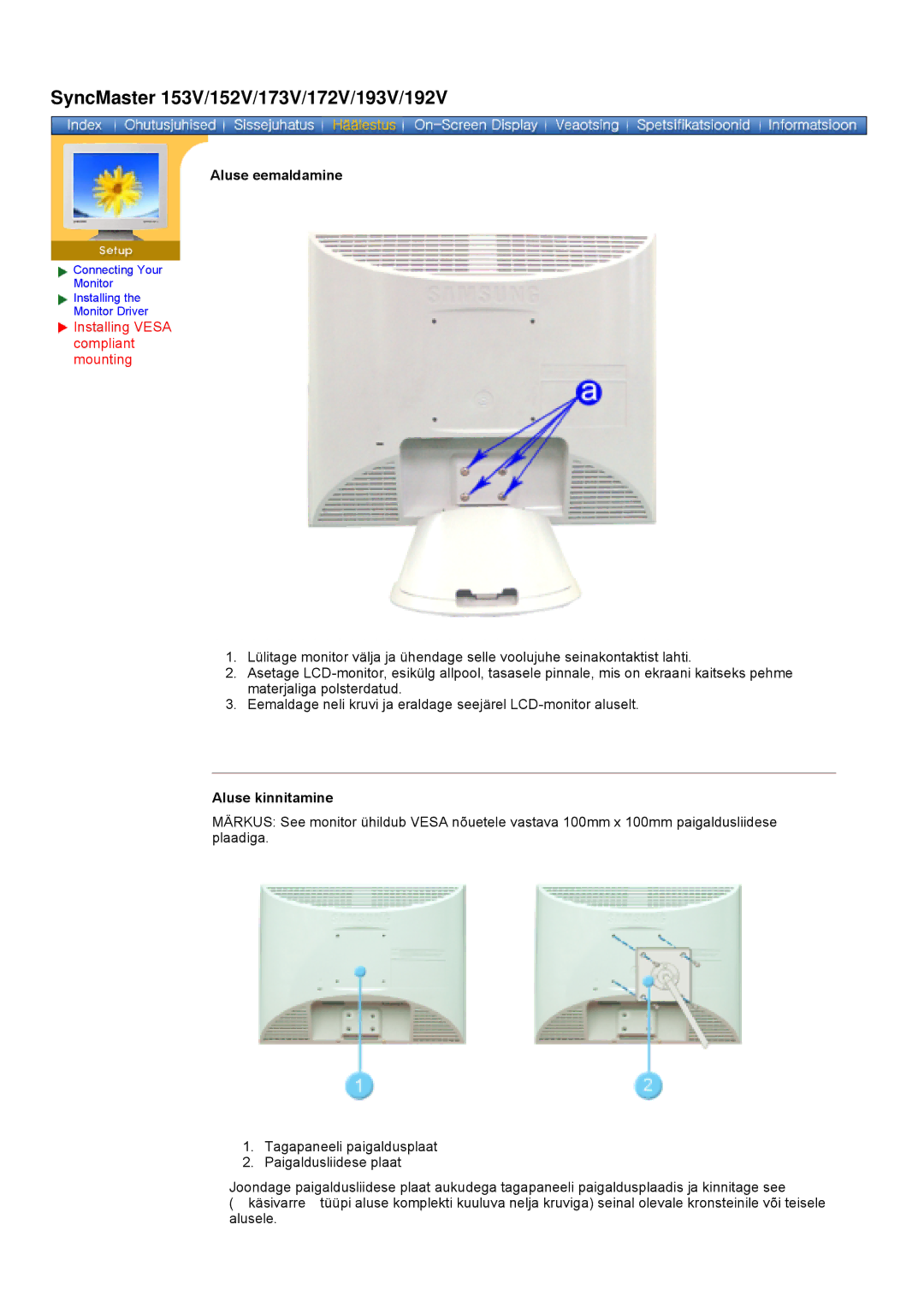 Samsung GY17VSSS/EDC manual Aluse eemaldamine, Installing Vesa compliant mounting, Aluse kinnitamine 