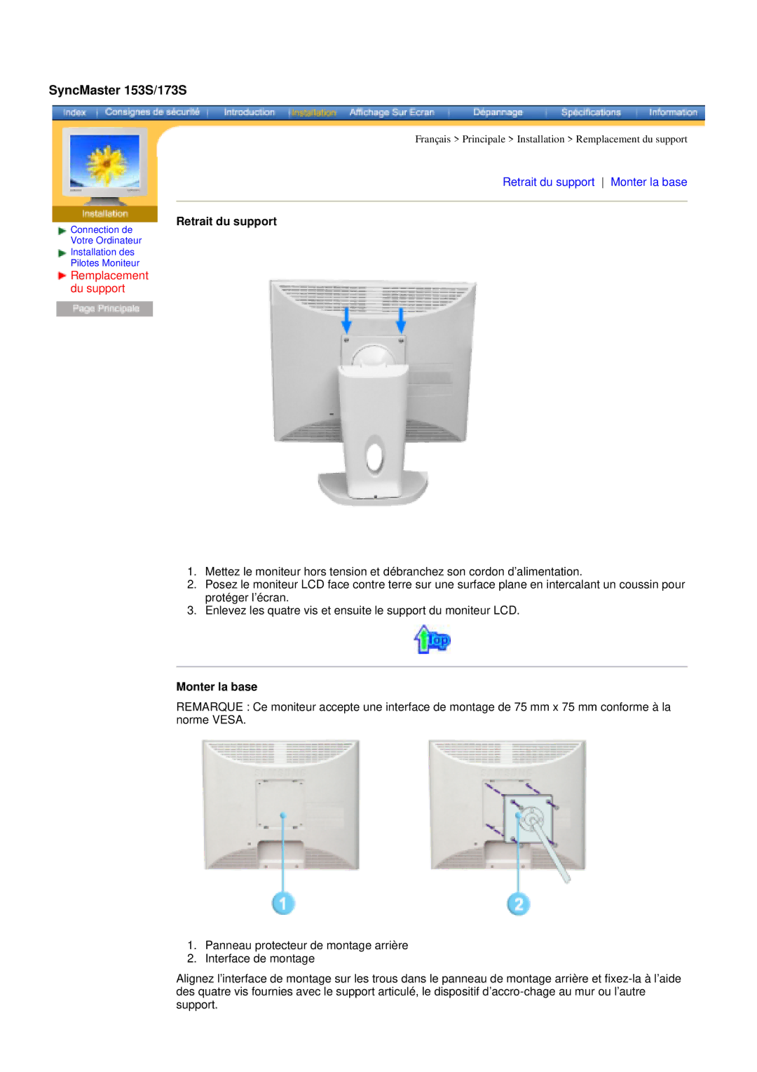 Samsung GY17VSSS/EDC manual Retrait du support, Remplacement du support, Monter la base 