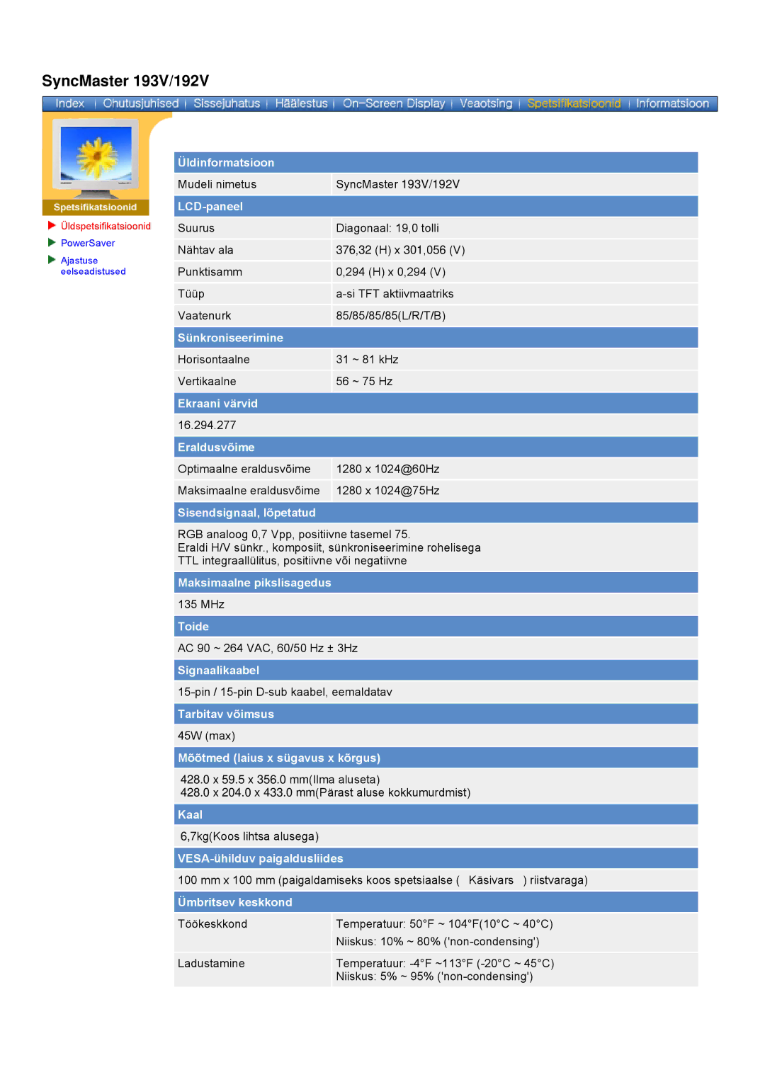 Samsung GY17VSSS/EDC manual SyncMaster 193V/192V 