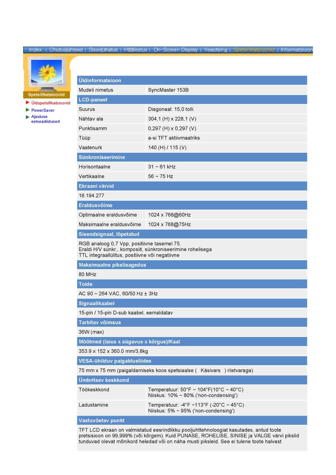 Samsung GY17VSSS/EDC manual Mudeli nimetus SyncMaster 153B 