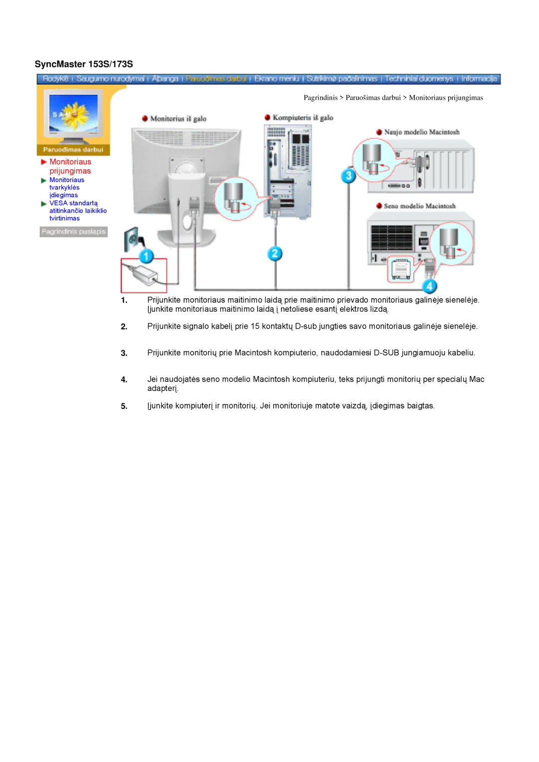 Samsung GY17VSSS/EDC manual Pagrindinis Paruošimas darbui Monitoriaus prijungimas 