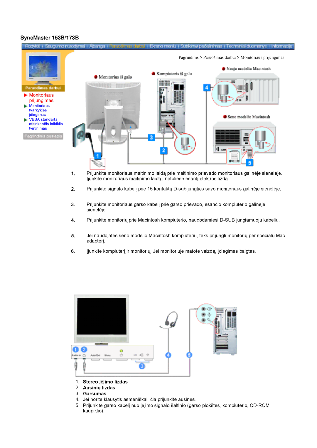 Samsung GY17VSSS/EDC manual Stereo įėjimo lizdas Ausinių lizdas Garsumas 