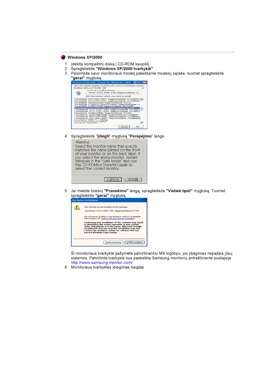 Samsung GY17VSSS/EDC manual Spragtelėkite Windows XP/2000 tvarkyklė 