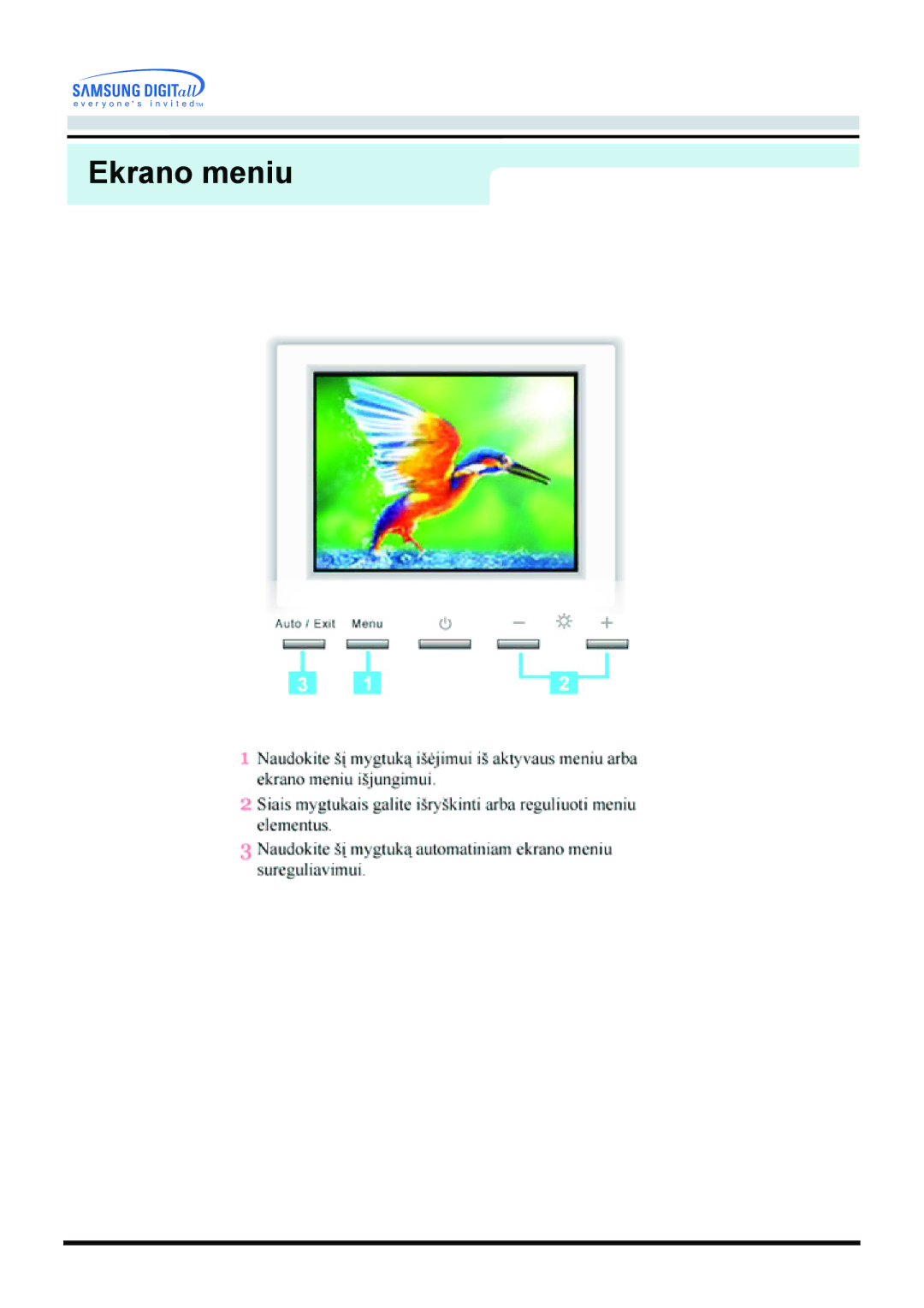 Samsung GY17VSSS/EDC manual Ekrano meniu 