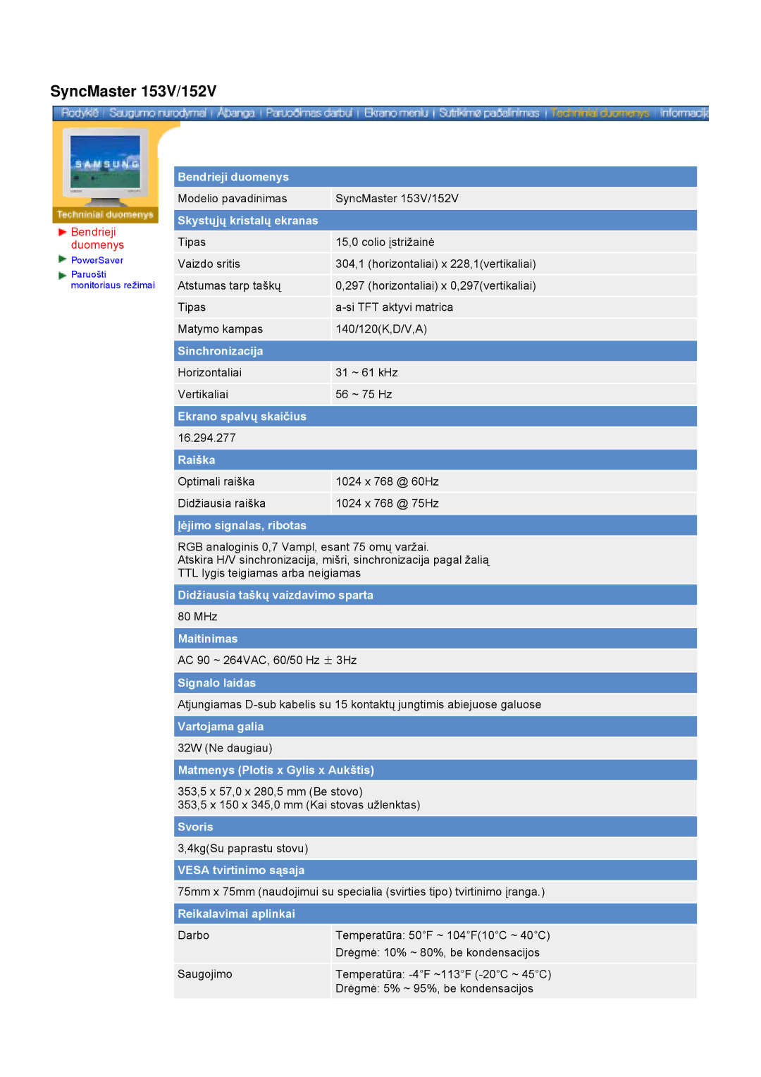 Samsung GY17VSSS/EDC manual SyncMaster 153V/152V, Bendrieji duomenys 