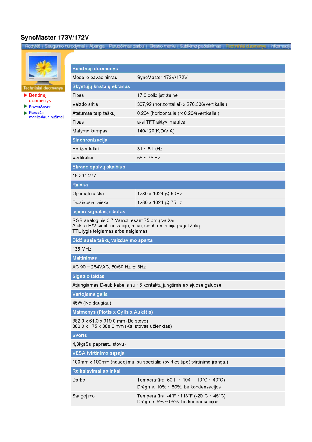 Samsung GY17VSSS/EDC manual SyncMaster 173V/172V, Bendrieji duomenys 