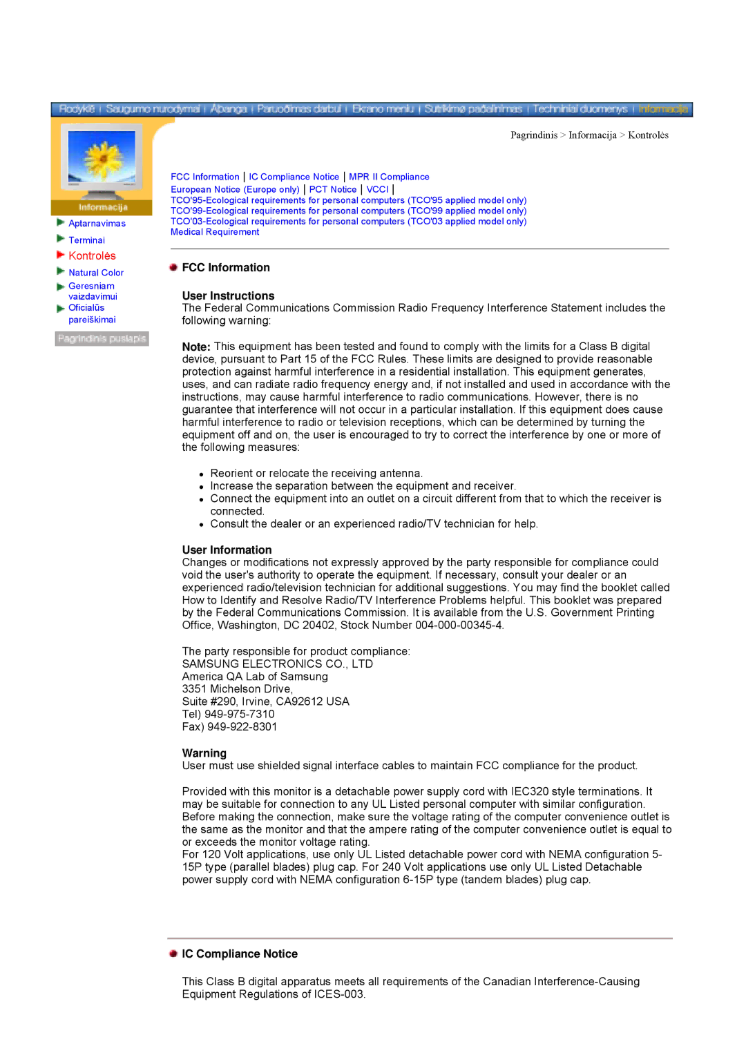 Samsung GY17VSSS/EDC manual Kontrolės, FCC Information User Instructions, User Information, IC Compliance Notice 