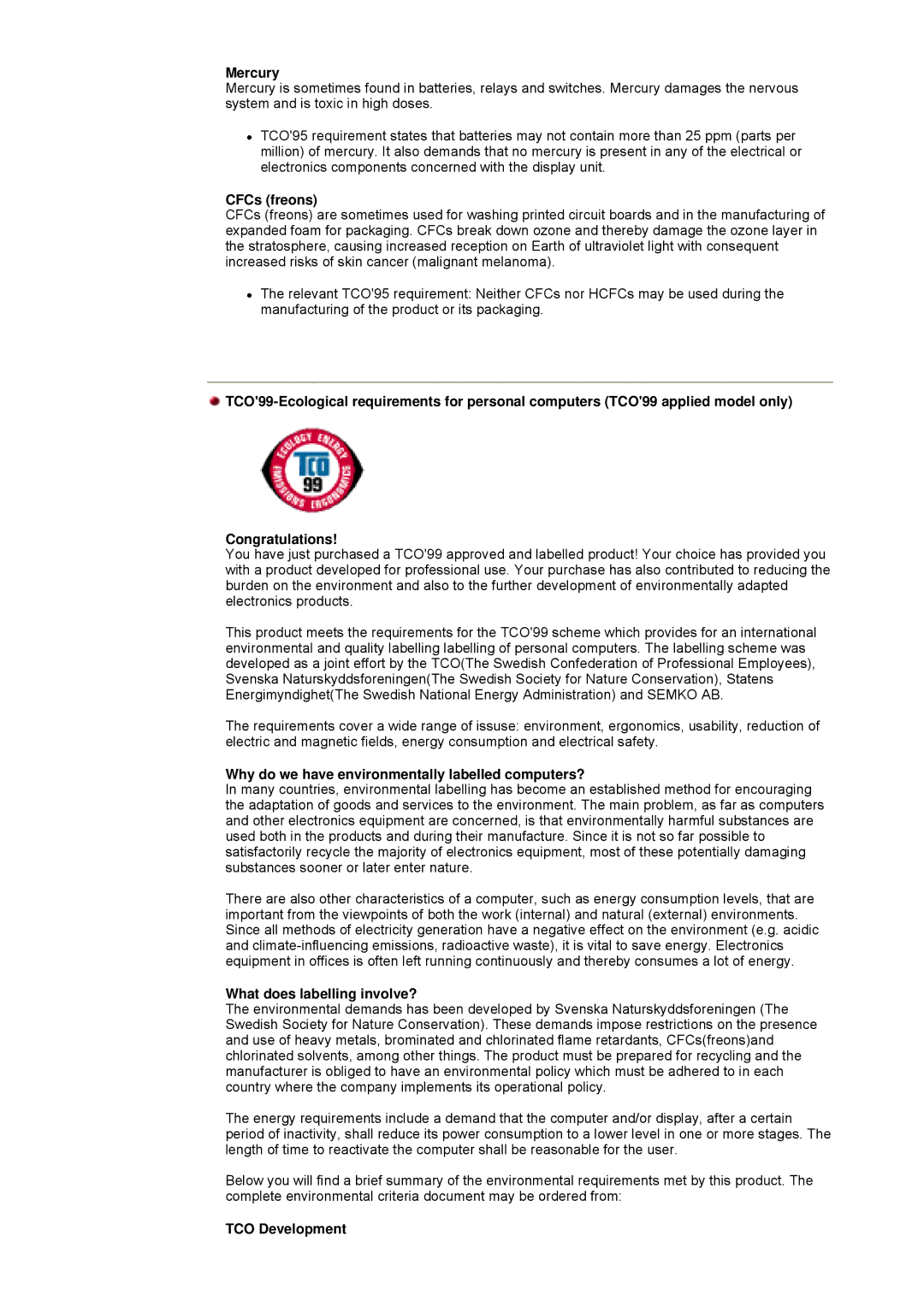 Samsung GY17VSSS/EDC manual Mercury, CFCs freons, Why do we have environmentally labelled computers?, TCO Development 
