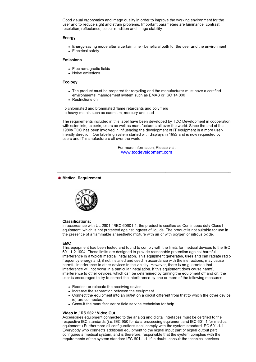 Samsung GY17VSSS/EDC manual Energy, Emissions, Ecology, Medical Requirement Classifications, Video In / RS 232 / Video Out 