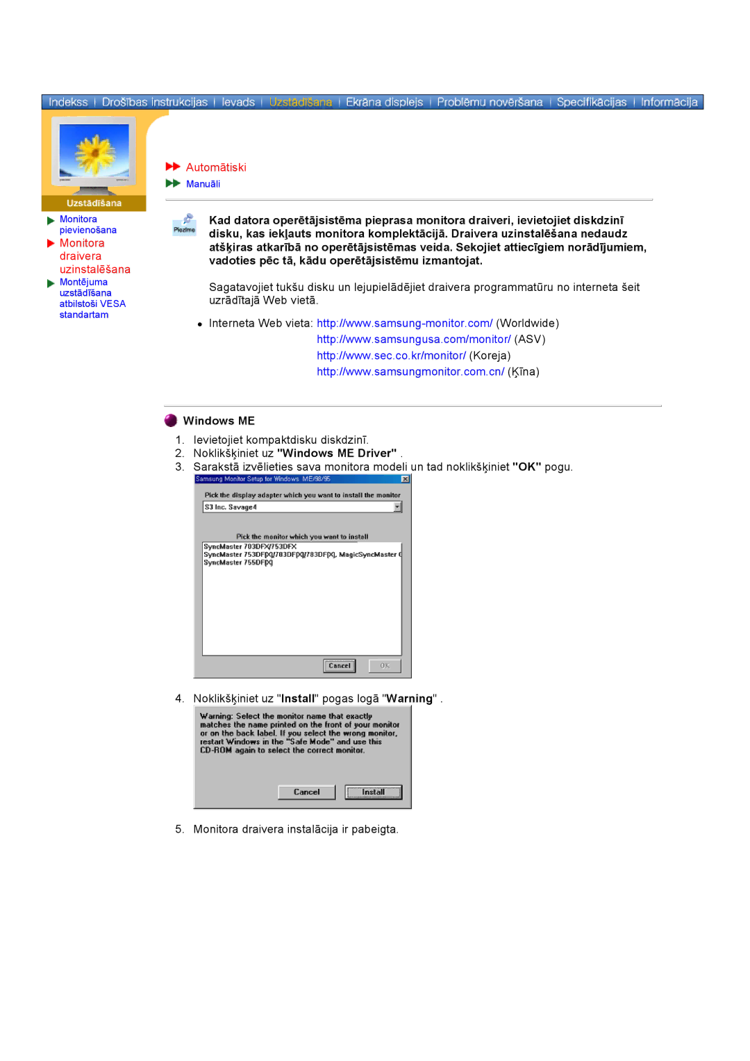 Samsung GY17VSSS/EDC manual Monitora draivera uzinstalēšana, Automātiski, Noklikšķiniet uz Windows ME Driver 