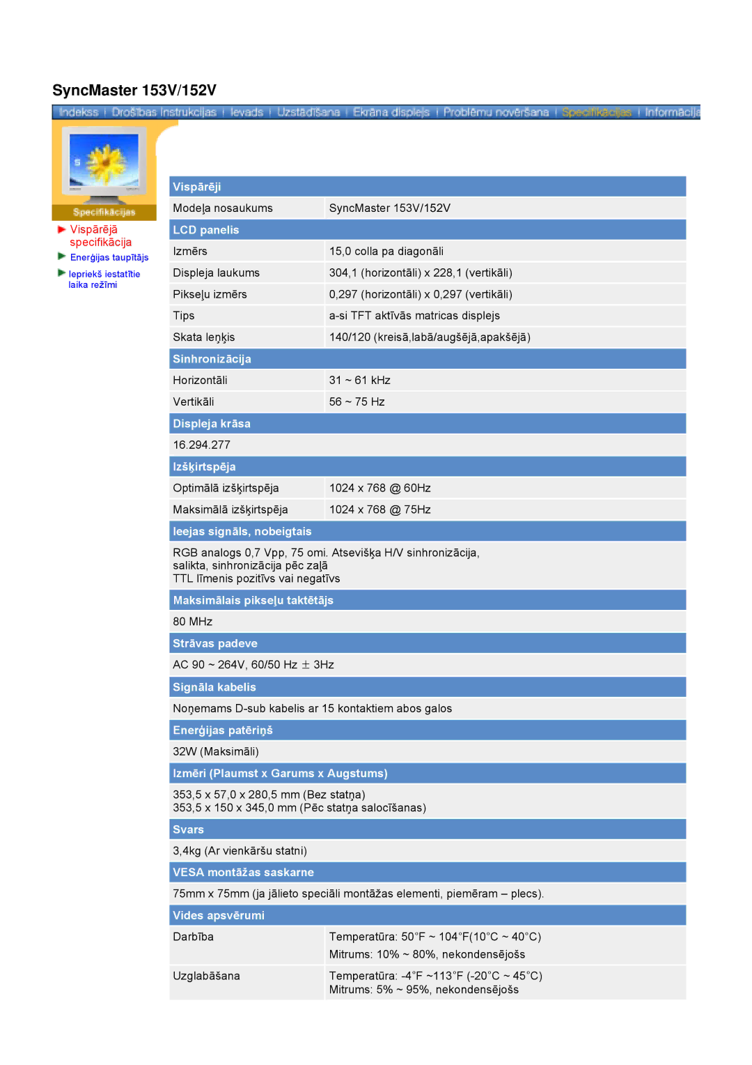 Samsung GY17VSSS/EDC manual SyncMaster 153V/152V, Vispārējā specifikācija 