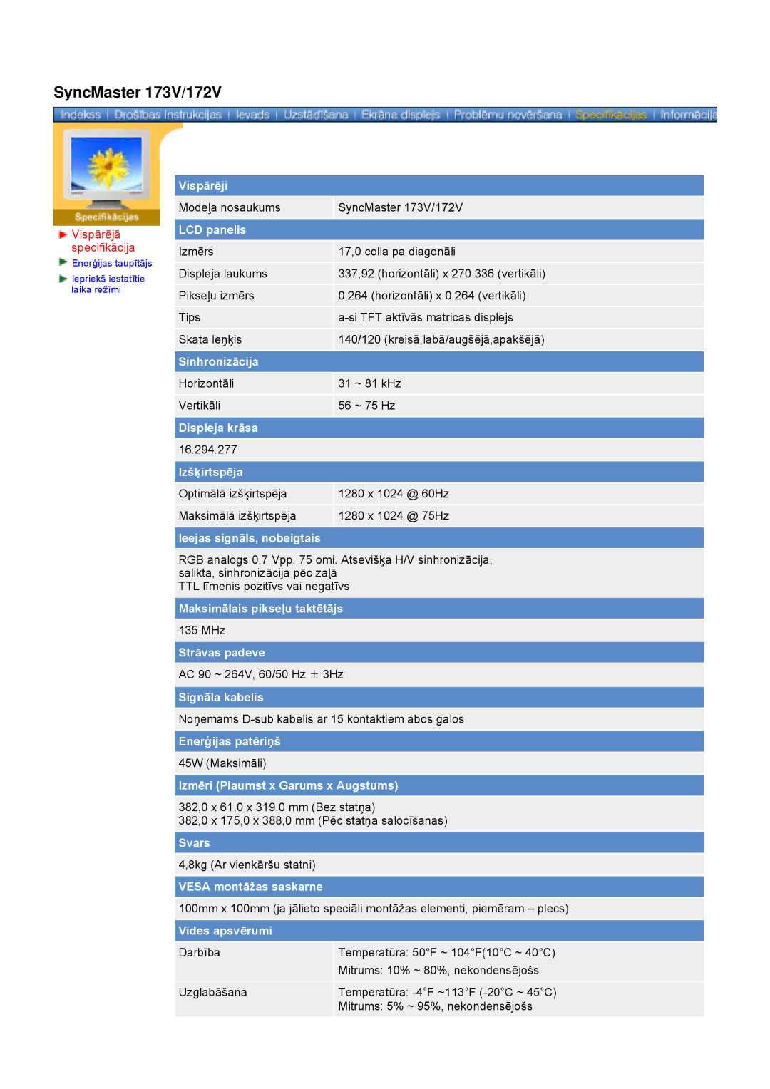 Samsung GY17VSSS/EDC manual SyncMaster 173V/172V, Vispārējā specifikācija 