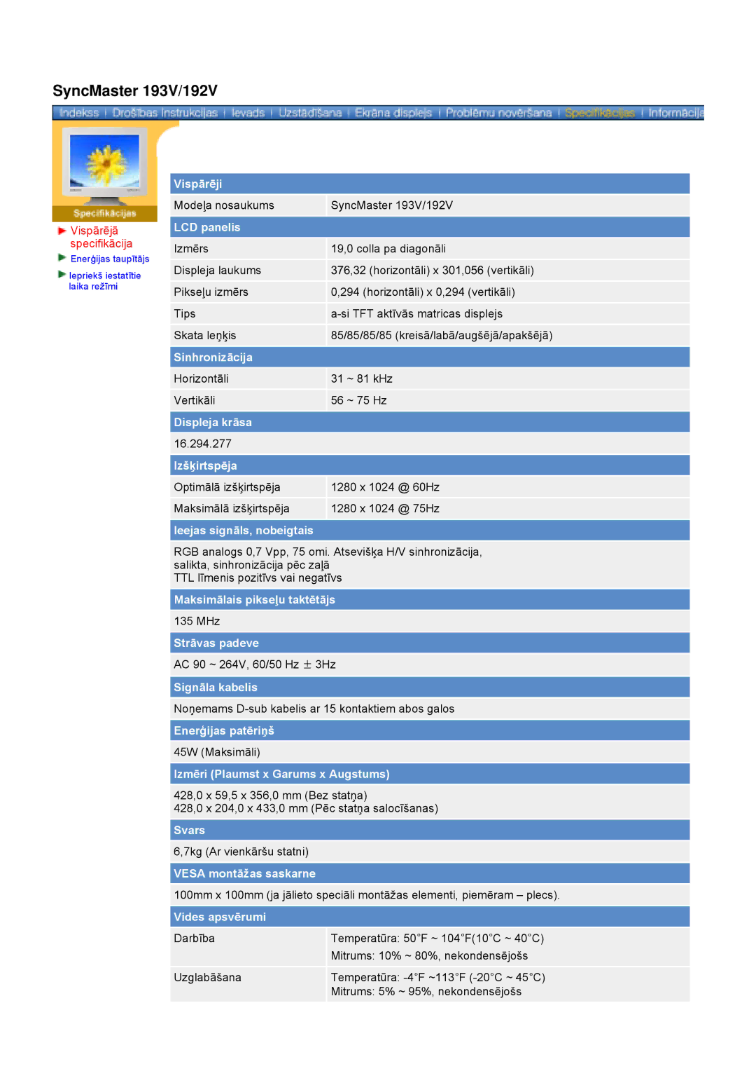 Samsung GY17VSSS/EDC manual SyncMaster 193V/192V, Vispārējā specifikācija 