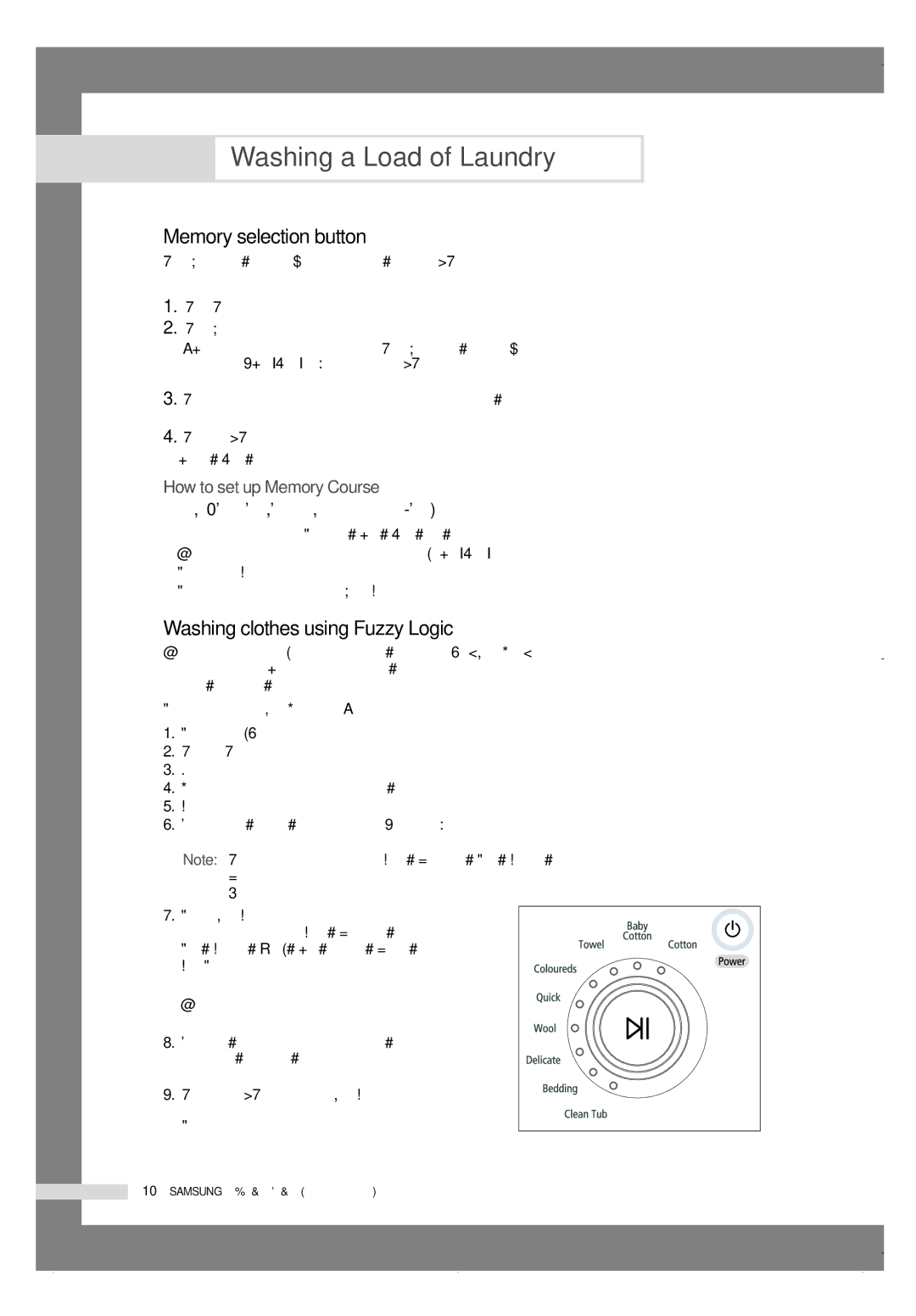 Samsung H1245A H1290A manual Memory selection button, Washing clothes using Fuzzy Logic 