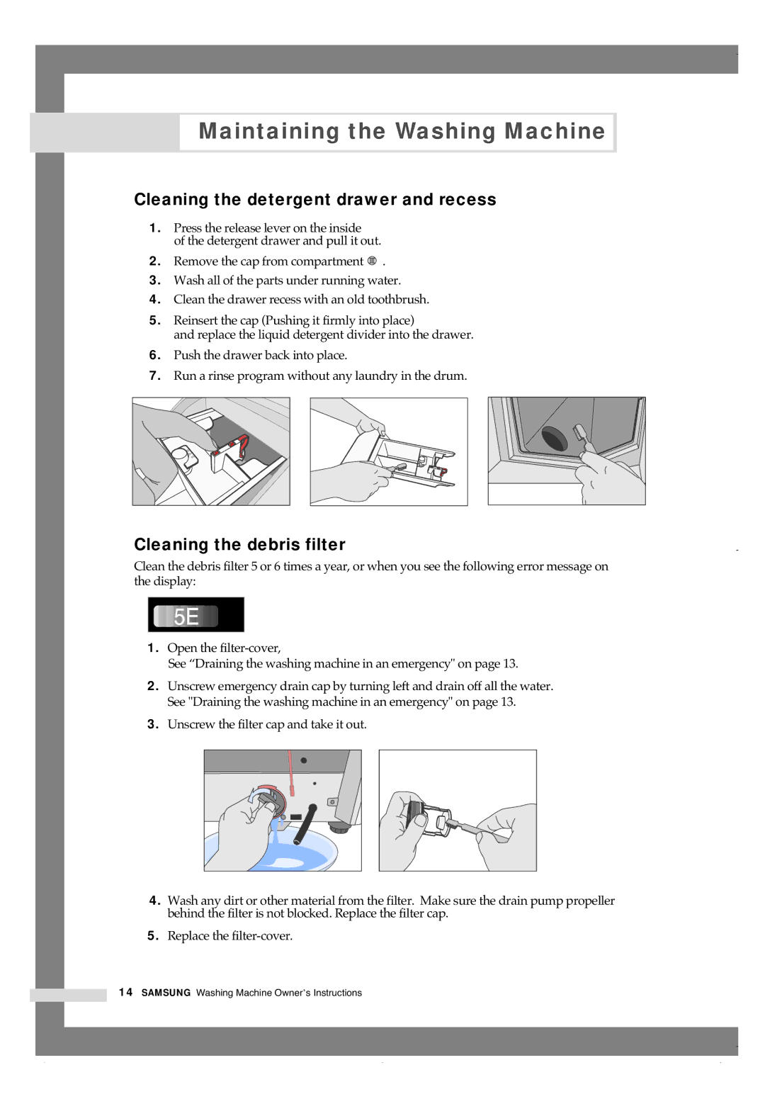 Samsung H1245A H1290A manual Cleaning the detergent drawer and recess, Cleaning the debris filter 