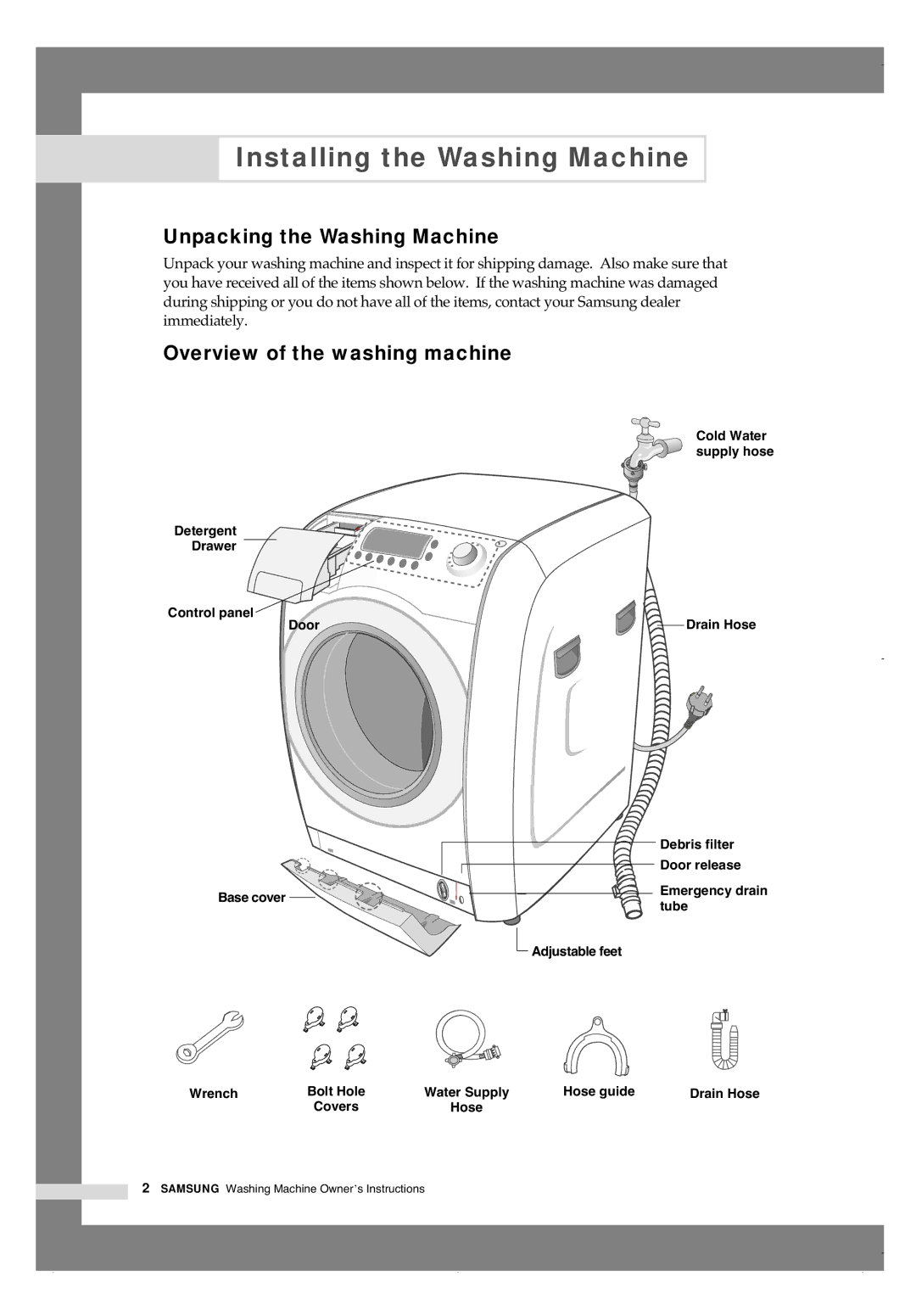 Samsung H1245A H1290A manual Installing the Washing Machine, Unpacking the Washing Machine, Overview of the washing machine 