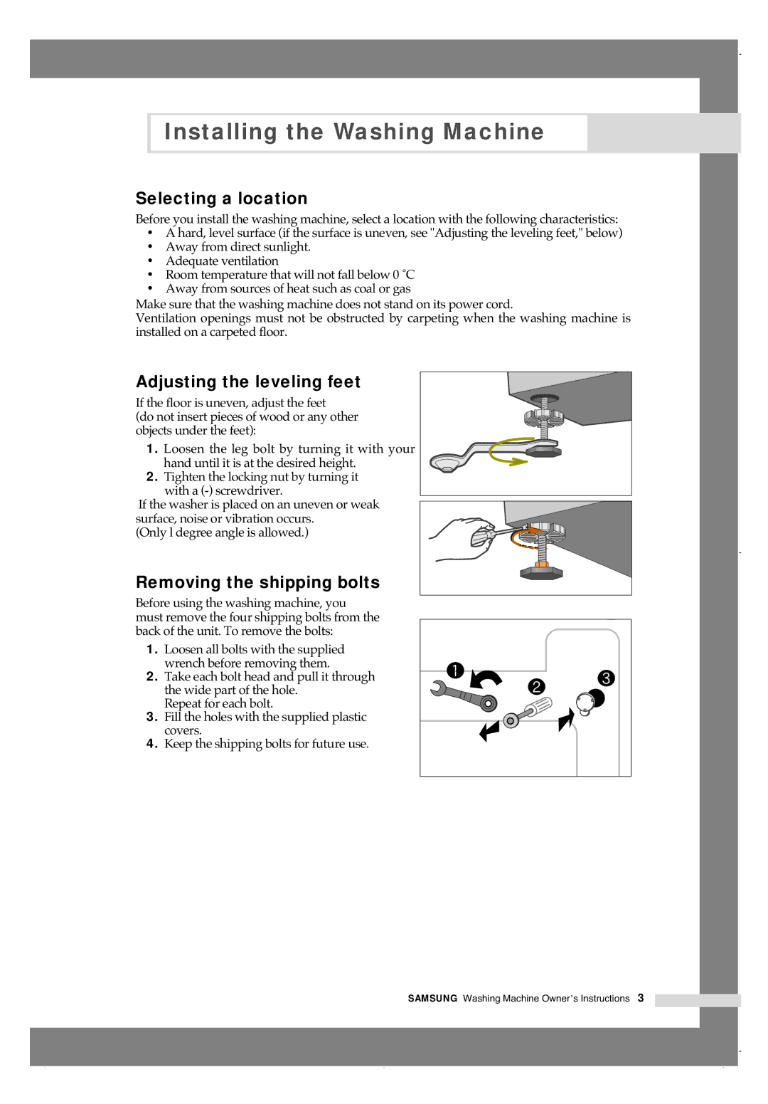 Samsung H1245A H1290A manual Selecting a location, Adjusting the leveling feet, Removing the shipping bolts 